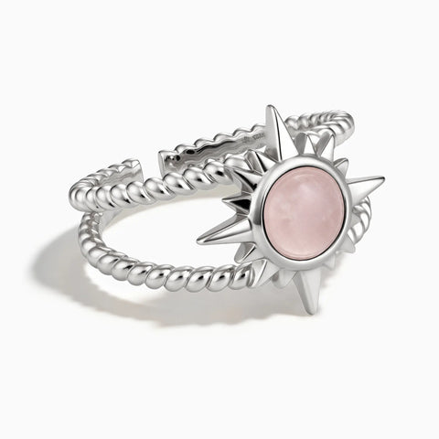 925 Sterling Silver Round Rose Quartz Sunburst Twisted Ring - Soleil Ray Front View