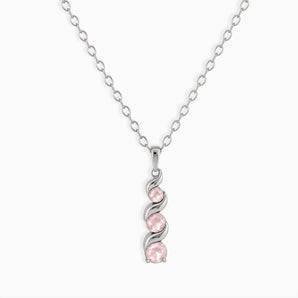 925 Sterling Silver Round Rose Quartz Triple Gemstone Twisted Necklace - Spiral Rondo Front View