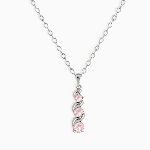 925 Sterling Silver Round Rose Quartz Triple Gemstone Twisted Necklace - Spiral Rondo Front View