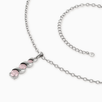 925 Sterling Silver Round Rose Quartz Triple Gemstone Twisted Necklace - Spiral Rondo Side View
