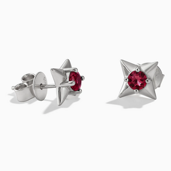 925 Sterling Silver Round Ruby Four Point Star Stud Earrings - Wishkeeper Front View