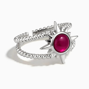925 Sterling Silver Round Ruby Sunburst Twisted Ring - Soleil Ray Front View