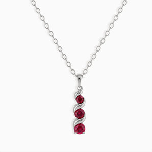 925 Sterling Silver Round Ruby Triple Gemstone Twisted Necklace - Spiral Rondo Front View
