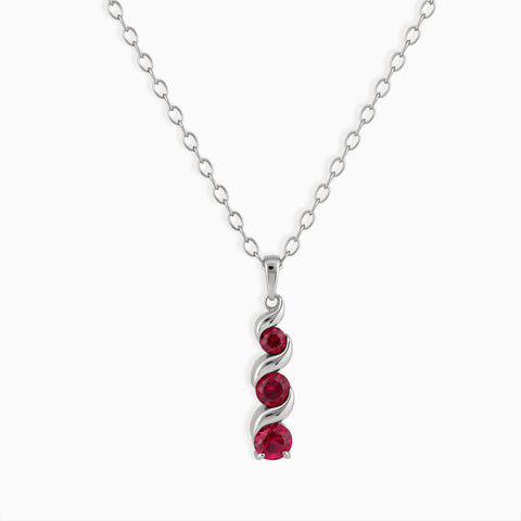 925 Sterling Silver Round Ruby Triple Gemstone Twisted Necklace - Spiral Rondo Front View