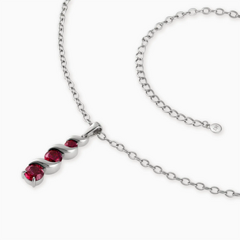 925 Sterling Silver Round Ruby Triple Gemstone Twisted Necklace - Spiral Rondo Side View