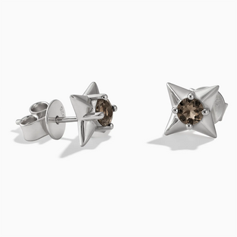 925 Sterling Silver Round Smoky Quartz Four Point Star Stud Earrings - Wishkeeper Front View