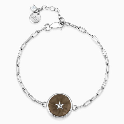 925 Sterling Silver Round Smoky Quartz Paperclip Bracelet - Solo Star Front View