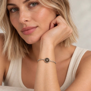 925 Sterling Silver Round Smoky Quartz Paperclip Bracelet Solo Star Model Shot