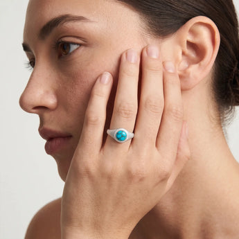 925 Sterling Silver Round Turquoise Sandblasted Ring - Matte Sculpt Worn View
