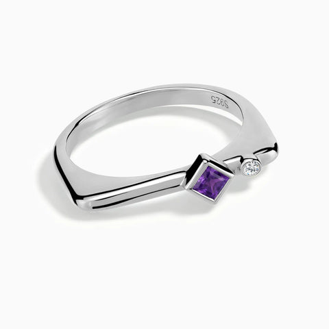 925 Sterling Silver Square Amethyst Puzzle Stacking Ring - Minimal Light Front View