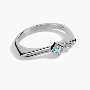 925 Sterling Silver Square Aquamarine Puzzle Stacking Ring - Minimal Light Front View