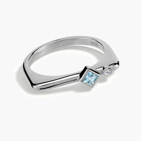 925 Sterling Silver Square Aquamarine Puzzle Stacking Ring - Minimal Light Front View