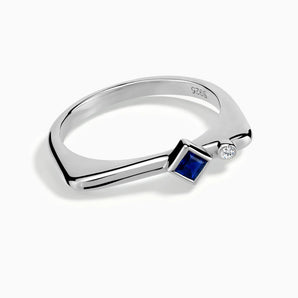 925 Sterling Silver Square Blue Sapphire Puzzle Stacking Ring - Minimal Light Front View