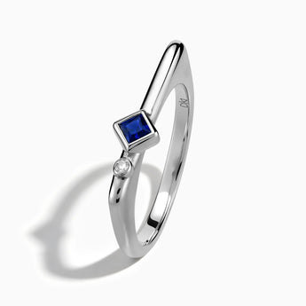 925 Sterling Silver Square Blue Sapphire Puzzle Stacking Ring - Minimal Light Side View