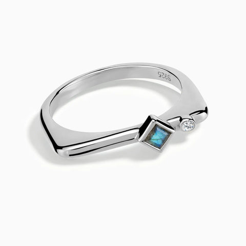 925 Sterling Silver Square Labradorite Puzzle Stacking Ring - Minimal Light Front View