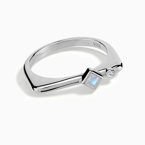925 Sterling Silver Square Moonstone Puzzle Stacking Ring - Minimal Light Front View