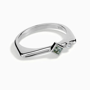 925 Sterling Silver Square Moss Agate Puzzle Stacking Ring - Minimal Light Front View
