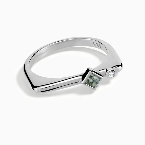 925 Sterling Silver Square Moss Agate Puzzle Stacking Ring - Minimal Light Front View