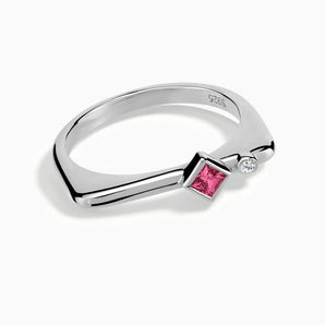 925 Sterling Silver Square Pink Tourmaline Puzzle Stacking Ring - Minimal Light Front View