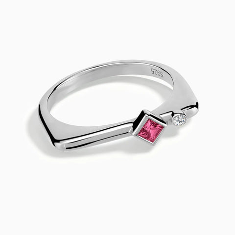 925 Sterling Silver Square Pink Tourmaline Puzzle Stacking Ring - Minimal Light Front View