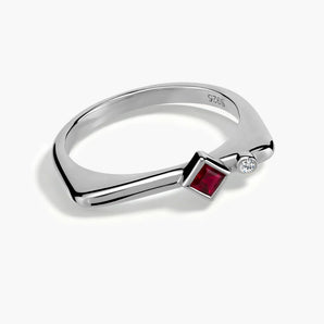 925 Sterling Silver Square Ruby Puzzle Stacking Ring - Minimal Light Front View
