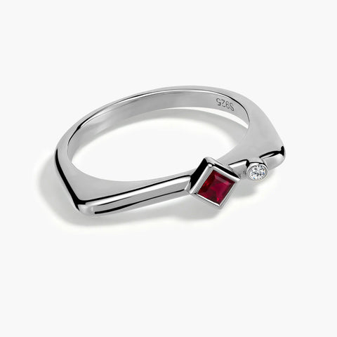 925 Sterling Silver Square Ruby Puzzle Stacking Ring - Minimal Light Front View