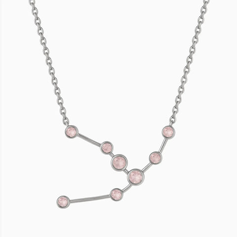 925 Sterling Silver Taurus Zodiac Constellation Necklace - Rose Quartz Front View