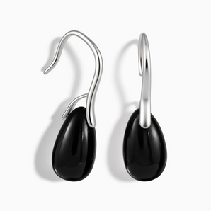 925 Sterling Silver Teardrop Black Onyx Dangle Earrings - Dew Arc Front View