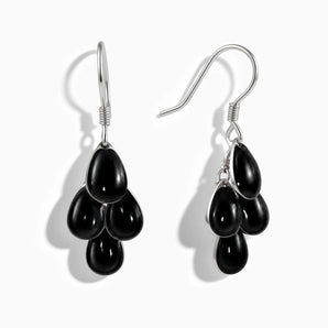 925 Sterling Silver Teardrop Black Onyx Dangle Earrings - Petal Rain Front View