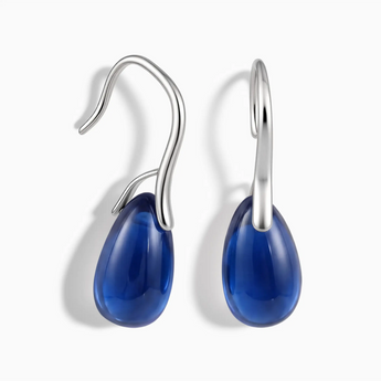 925 Sterling Silver Teardrop Blue Sapphire Dangle Earrings - Dew Arc Front View