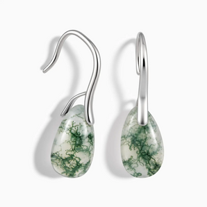 925 Sterling Silver Teardrop Moss Agate Dangle Earrings - Dew Arc Front View