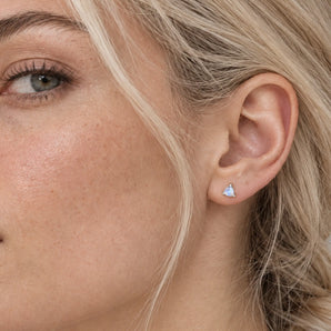 925 Sterling Silver Triangle Moonstone Solitaire Stud Earrings - Gentle Resolve Model Shot