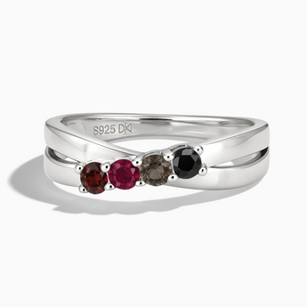 925 Sterling Silver Vintage Burgundy Four Round Stone Crossover Ring - Seasons Rhythm Front View