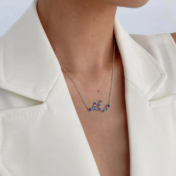925 Sterling Silver Virgo Zodiac Constellation Necklace - Blue Sapphire Worn View