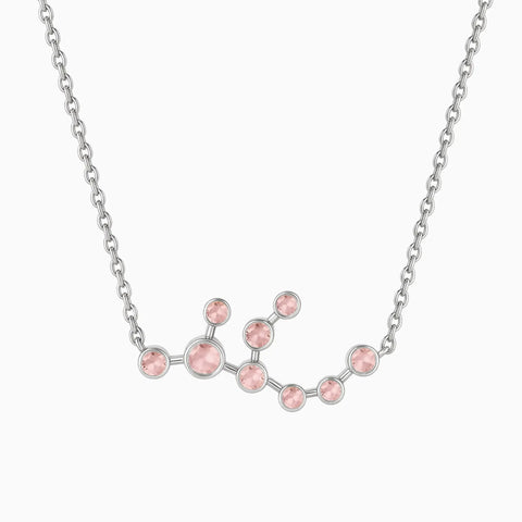 925 Sterling Silver Virgo Zodiac Constellation Necklace - Rose Quartz Front View