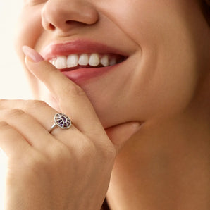 925 Sterling Silver Worn View Amethyst Crescent Moon Hollow Oval Shaker Ring - Soul Cage