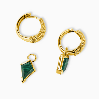 Granulated Kite Malachite Earrings - Valkyrie 18KT Yellow Gold Vermeil Detail View