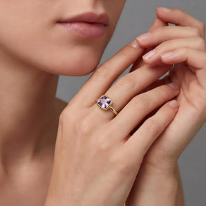 Amethyst Cushion Ring - Pure Hush 18KT Yellow Gold Vermeil Model Shot