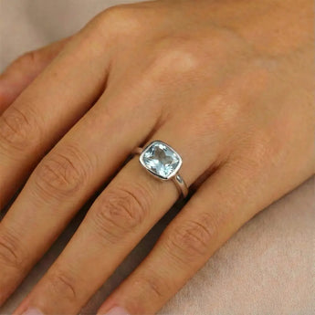 Aquamarine Cushion Ring - Pure Hush 925 Sterling Silver Worn View