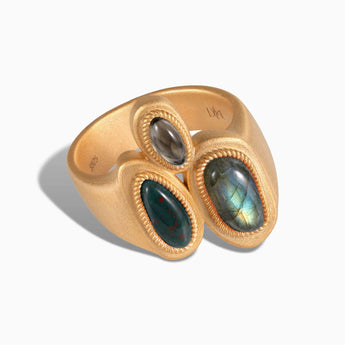 Asymmetrical Labradorite & Bloodstone Vintage Ring - Archipelago 18KT Yellow Gold Vermeil Front View