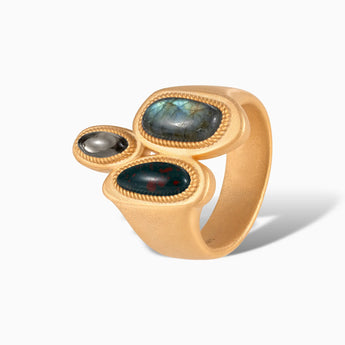 Asymmetrical Labradorite & Bloodstone Vintage Ring - Archipelago 18KT Yellow Gold Vermeil Side View