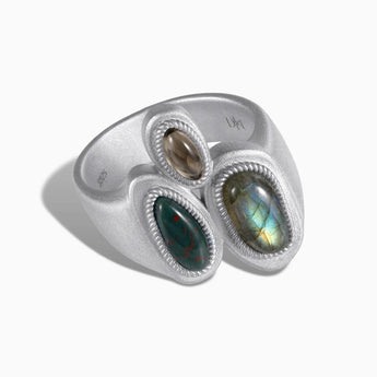 Asymmetrical Labradorite & Bloodstone Vintage Ring - Archipelago 925 Sterling Front View