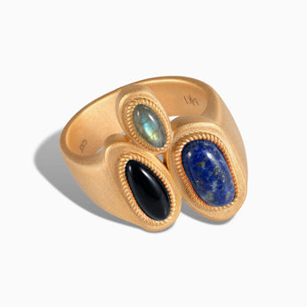 Asymmetrical Lapis Lazuli & Black Onyx Vintage Ring - Archipelago 18KT Yellow Gold Vermeil Front View