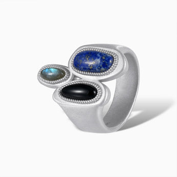 Asymmetrical Lapis Lazuli & Black Onyx Vintage Ring - Archipelago 925 Sterling Side View