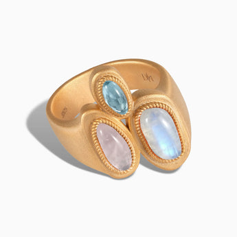 Asymmetrical Moonstone & Rose Quartz Vintage Ring - Archipelago 18KT Yellow Gold Vermeil Front View