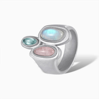 Asymmetrical Moonstone & Rose Quartz Vintage Ring - Archipelago 925 Sterling Side View