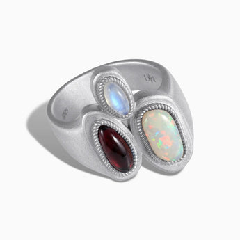 Asymmetrical Opal & Garnet Vintage Ring - Archipelago 925 Sterling Front View