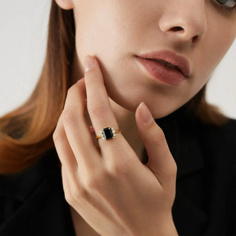 Baguette Black Onyx Ring – Seraph 18KT Yellow Gold Vermeil Model Shot