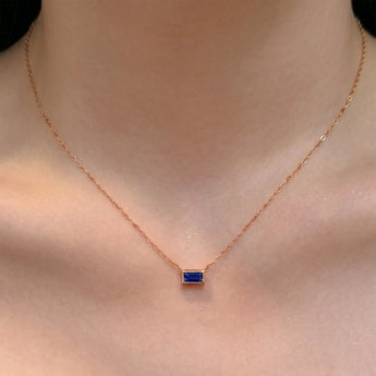 Baguette Blue Sapphire Bezel Necklace - Axiom 18KT Rose Gold Vermeil Model Shot