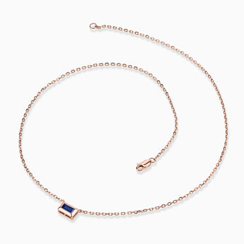 Baguette Blue Sapphire Bezel Necklace - Axiom 18KT Rose Gold Vermeil Side View